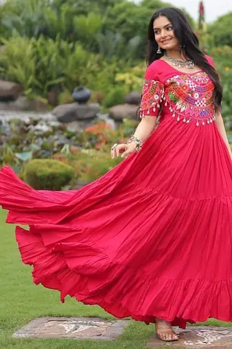 Pink colour rayon silk gamthi work long navratry gown