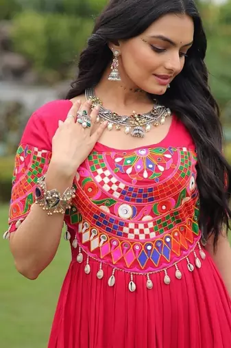Pink colour rayon silk gamthi work long navratry gown-Full Stitched Free Size