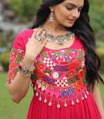 Pink colour rayon silk gamthi work long navratry gown-Full Stitched Free Size