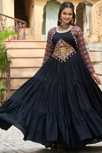 Black colour rayon silk gamthi work long navratry gown