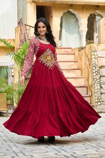Maroon colour rayon silk gamthi work long navratry gown