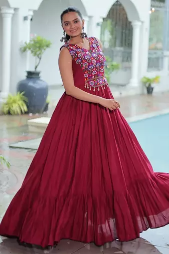 Maroon colour rayon silk gamthi work long navratry gown