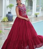 Maroon colour rayon silk gamthi work long navratry gown-Full Stitched Free Size