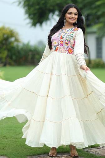 Off white colour cotton silk embroidery work navratri gown