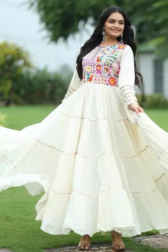 Off white colour cotton silk embroidery work navratri gown