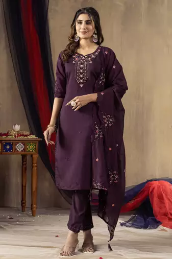 Wine Designer Straight Kurti Pant Dupatta Set With Embroidery And Hand Work