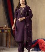 Wine Designer Straight Kurti Pant Dupatta Set With Embroidery And Hand Work