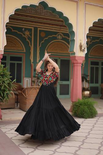 Black colour rayon silk gamthi work long navratri gown-Full Stitched Free Size