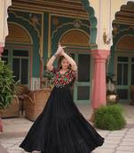 Black colour rayon silk gamthi work long navratri gown-Full Stitched Free Size