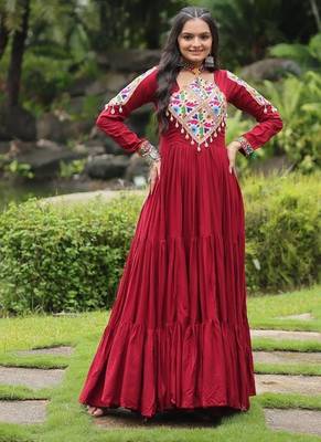 Maroon colour rayon silk gamthi work long navratry gown-Full Stitched Free Size 1