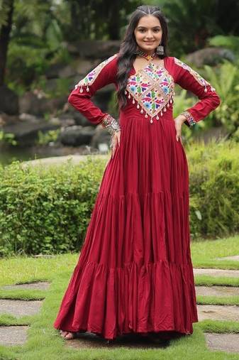Maroon colour rayon silk gamthi work long navratry gown