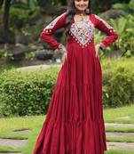 Maroon colour rayon silk gamthi work long navratry gown-Full Stitched Free Size