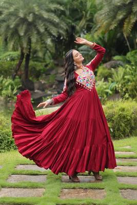 Maroon colour rayon silk gamthi work long navratry gown-Full Stitched Free Size 3