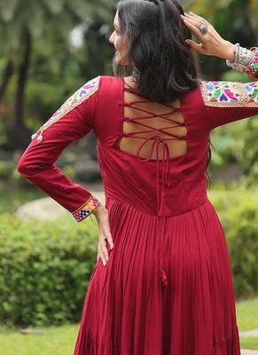 Maroon colour rayon silk gamthi work long navratry gown-Full Stitched Free Size 4