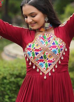 Maroon colour rayon silk gamthi work long navratry gown-Full Stitched Free Size 5