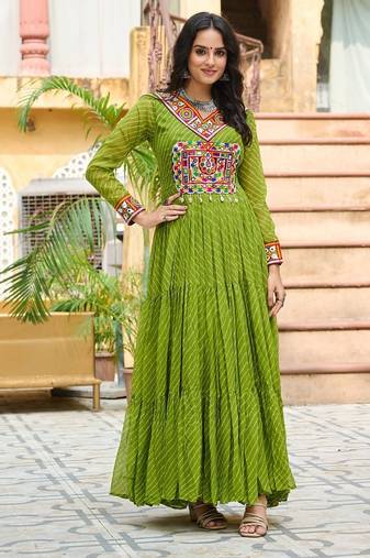 Parrot green colour faux georgette laheriya print navratri gown