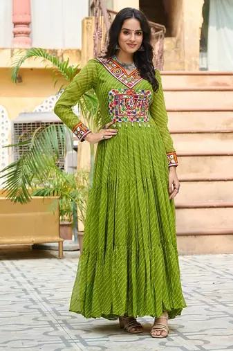 Parrot green colour faux georgette laheriya print navratri gown