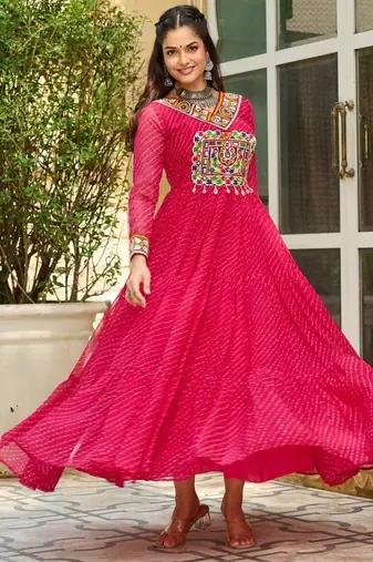 Pink colour faux georgette laheriya print navratri gown