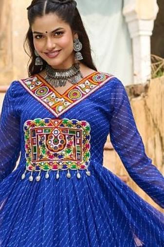 Royal blue colour faux georgette laheriya print navratri gown