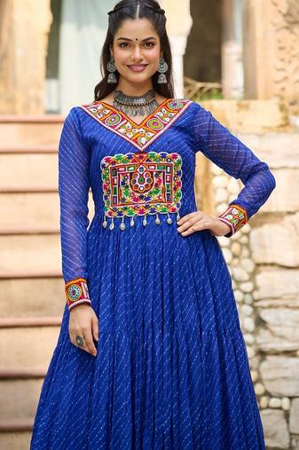 Royal blue colour faux georgette laheriya print navratri gown-Full Stitched Free Size
