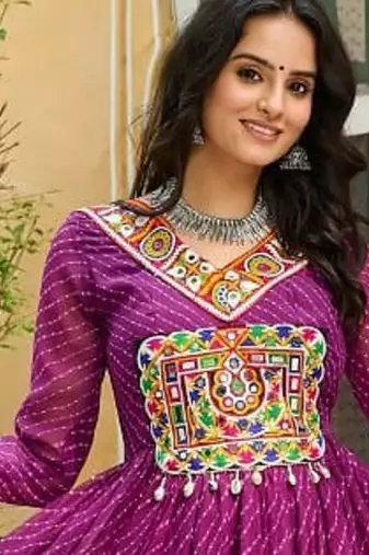 Wine colour faux georgette laheriya print navratri gown