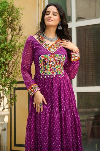 Wine colour faux georgette laheriya print navratri gown-Full Stitched Free Size