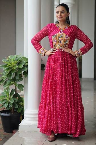 Pink colour faux georgette laheriya print navratri gown-Full Stitched Free Size