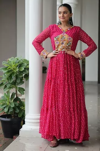 Pink colour faux georgette laheriya print navratri gown