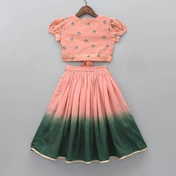 Peach printed rayon lehenga choli for girls stylish ethnic wear 1