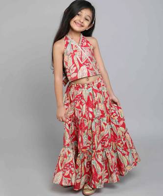 Multicolor leaf printed red rayon lehenga choli for girls halter neck boho style 1