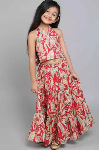 Multicolor leaf printed red rayon lehenga choli for girls – halter neck boho style