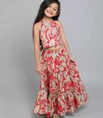 Multicolor leaf printed red rayon lehenga choli for girls halter neck boho style