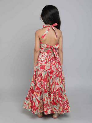 Multicolor leaf printed red rayon lehenga choli for girls halter neck boho style 2