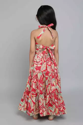 Multicolor leaf printed red rayon lehenga choli for girls halter neck boho style