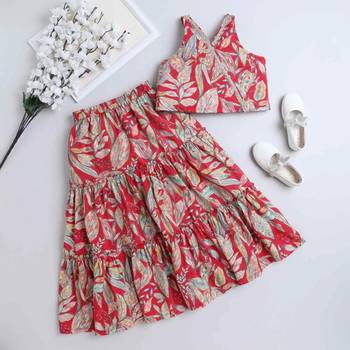 Multicolor leaf printed red rayon lehenga choli for girls halter neck boho style 3