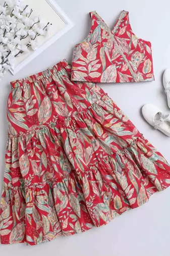 Multicolor leaf printed red rayon lehenga choli for girls halter neck boho style