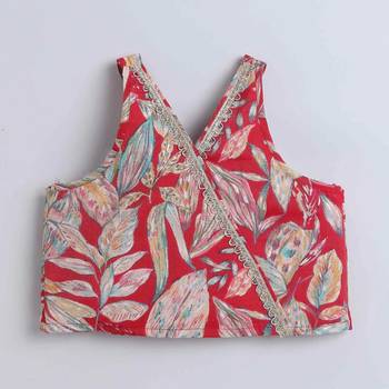 Multicolor leaf printed red rayon lehenga choli for girls halter neck boho style 4