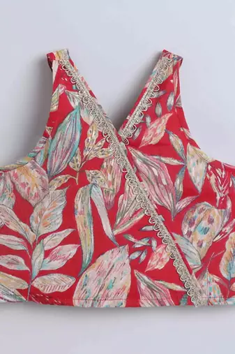 Multicolor leaf printed red rayon lehenga choli for girls halter neck boho style
