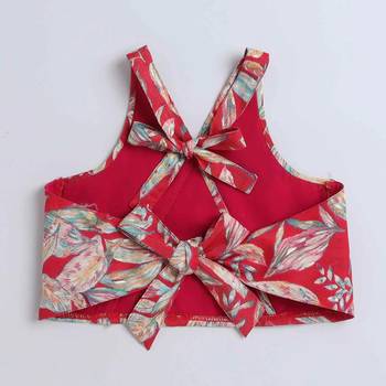 Multicolor leaf printed red rayon lehenga choli for girls halter neck boho style 5