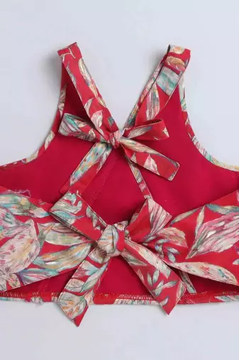 Multicolor leaf printed red rayon lehenga choli for girls halter neck boho style