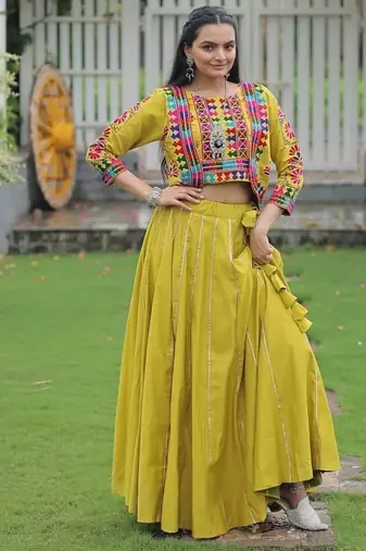Parrot Green Roman Silk With Gamathi Work Navratri Lehenga Choli