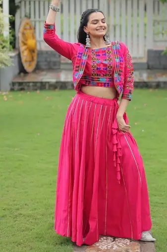 Pink Roman Silk With Gamathi Work Navratri Lehenga Choli