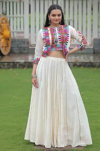 White Roman Silk With Gamathi Work Navratri Lehenga Choli