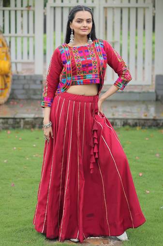Maroon Silk Gamthi Work Lehenga Choli With Jacket