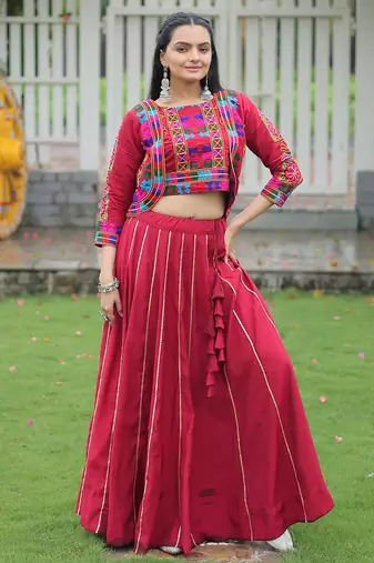 Maroon Silk Gamthi Work Lehenga Choli With Jacket