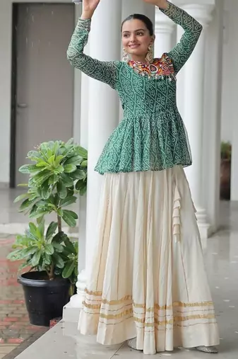 Green And White Cotton printed Navratri Lehenga Choli