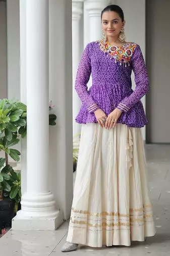Purple And White Cotton printed Navratri Lehenga Choli