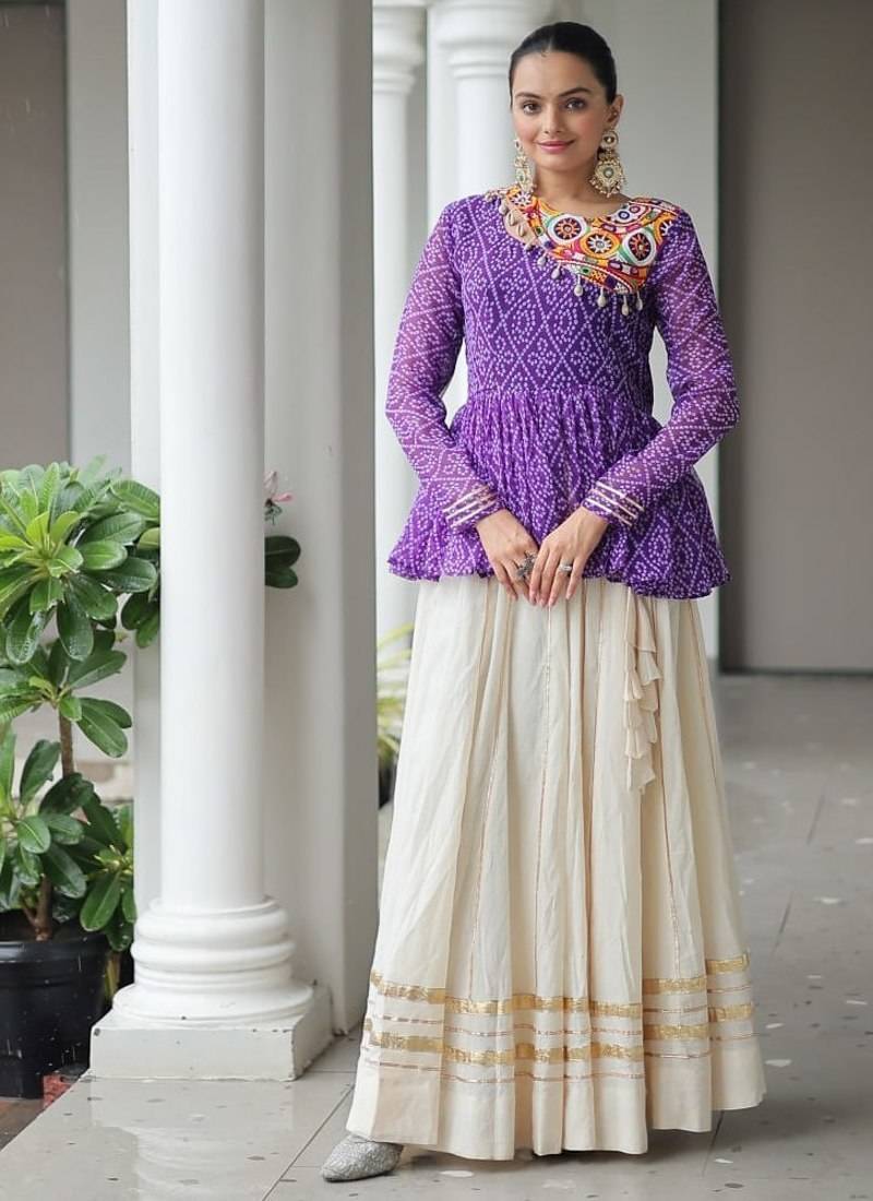 Purple And White Cotton printed Navratri Lehenga Choli
