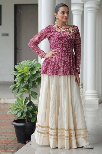 Wine And White Cotton printed Navratri Lehenga Choli