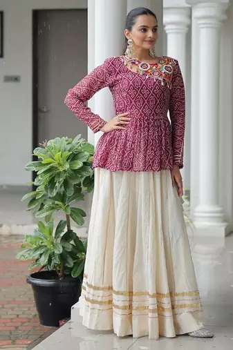 Wine And White Cotton printed Navratri Lehenga Choli